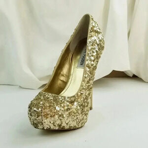 Steve Madden Size 6.5M Bitter Platform Gold Sequin Stiletto Heel Women's Pumps